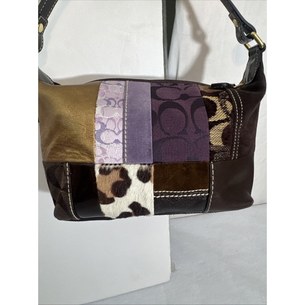 Y2K Coach Patchwork Bag Mini Baguette Brown Purple Gold Animal Print Logo Print - Picture 2 of 10
